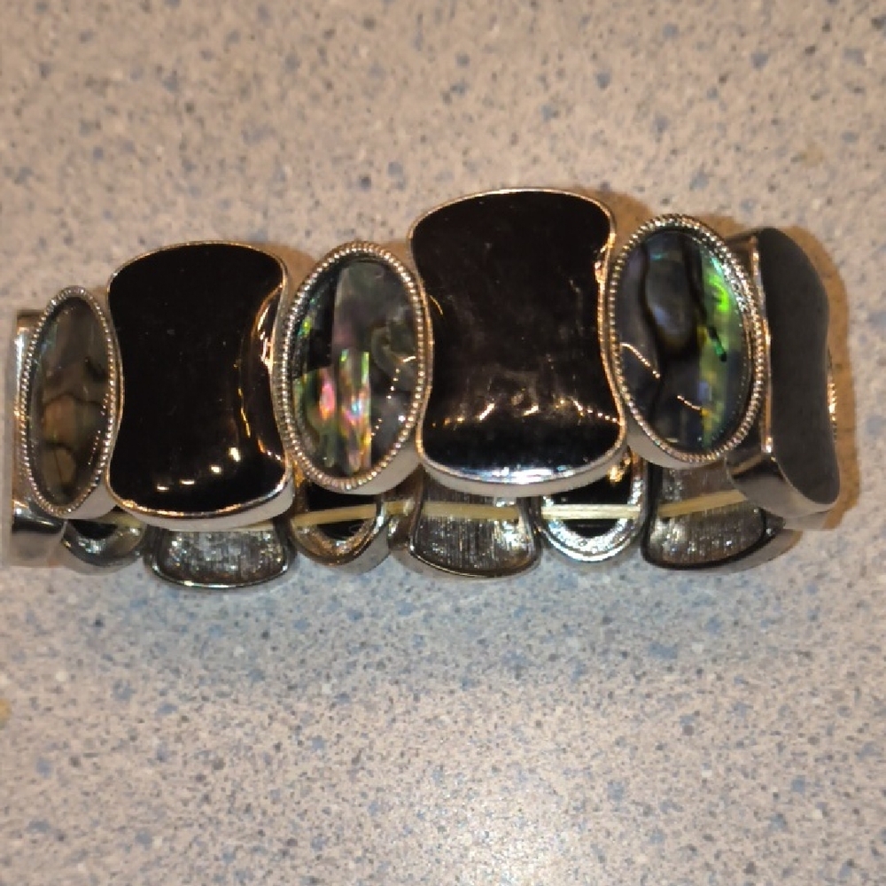 Stretchy Black Enamel & Iridescent Moonstone Silver Tone Cuff Bracelet-NWOT